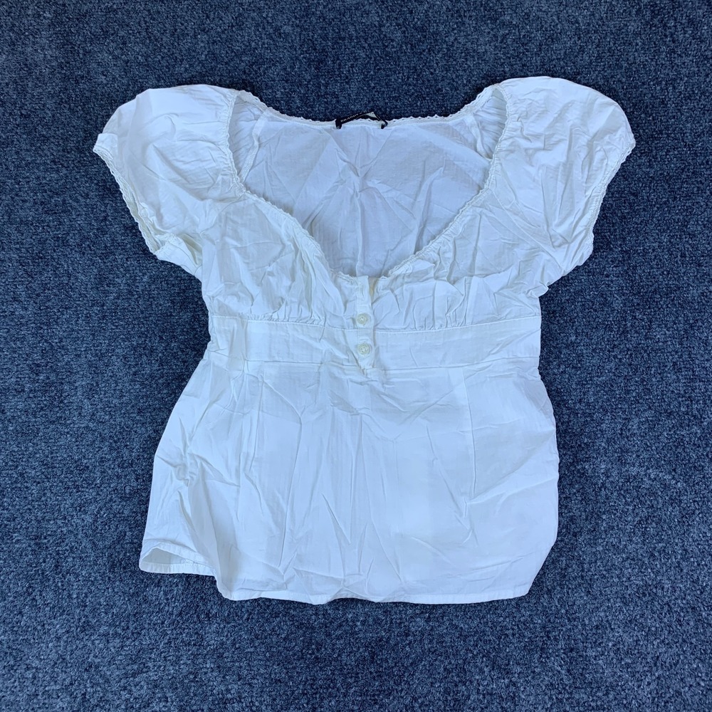Brandy Melville Blair Top Womens S White‎ Smocked Lace Trim Puff Sleeve